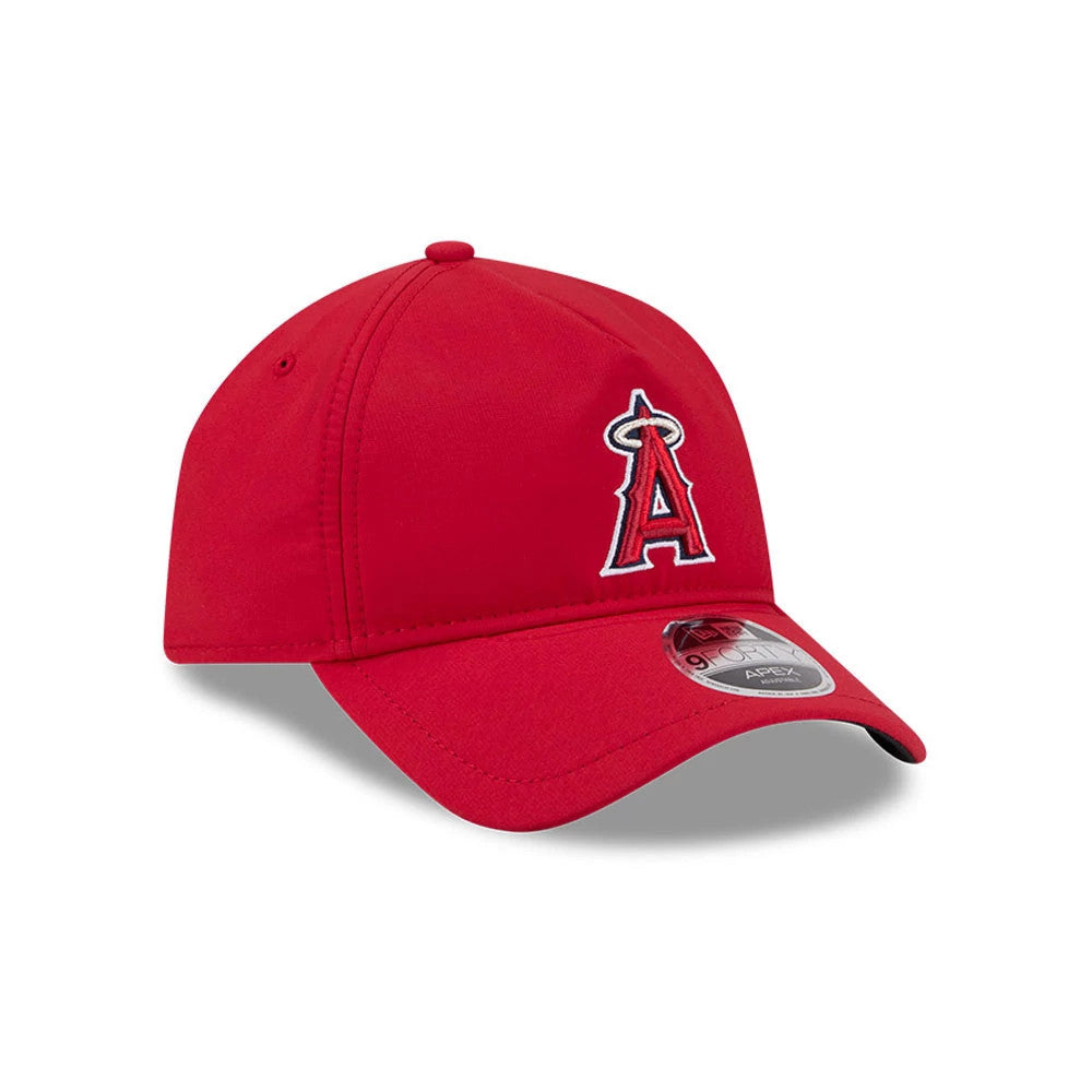 LA Angels MLB Quickstrike Red New Era 9FORTY Apex Adjustable Cap, three-quarter view showing the prominent red embroidered LA Angels logo on the front panel, with a curved red visor and a clear 9FORTY size sticker on top.