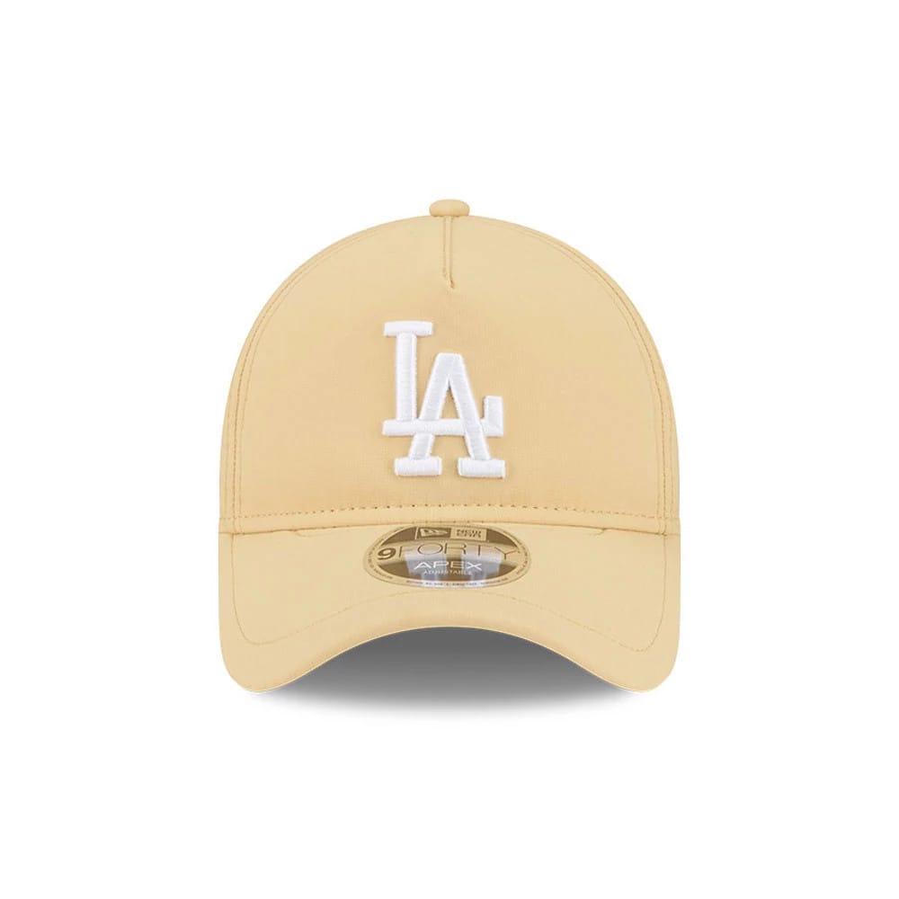 LA Dodgers MLB Quickstrike Yellow New Era 9FORTY Apex Adjustable Cap, front view showing a white embroidered LA logo on the structured yellow crown, with a curved visor and a 9FORTY size sticker on the centre.