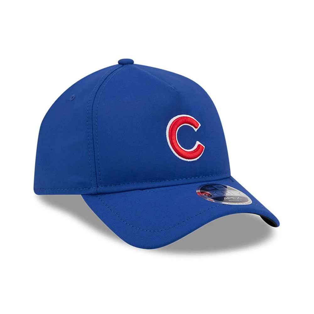 Chicago Cubs MLB Quickstrike Blue New Era 9FORTY Apex Adjustable Cap, three-quarter view showing the raised embroidered red and white C logo on the front panel, with a curved blue visor and a 9FORTY size sticker on the visor.