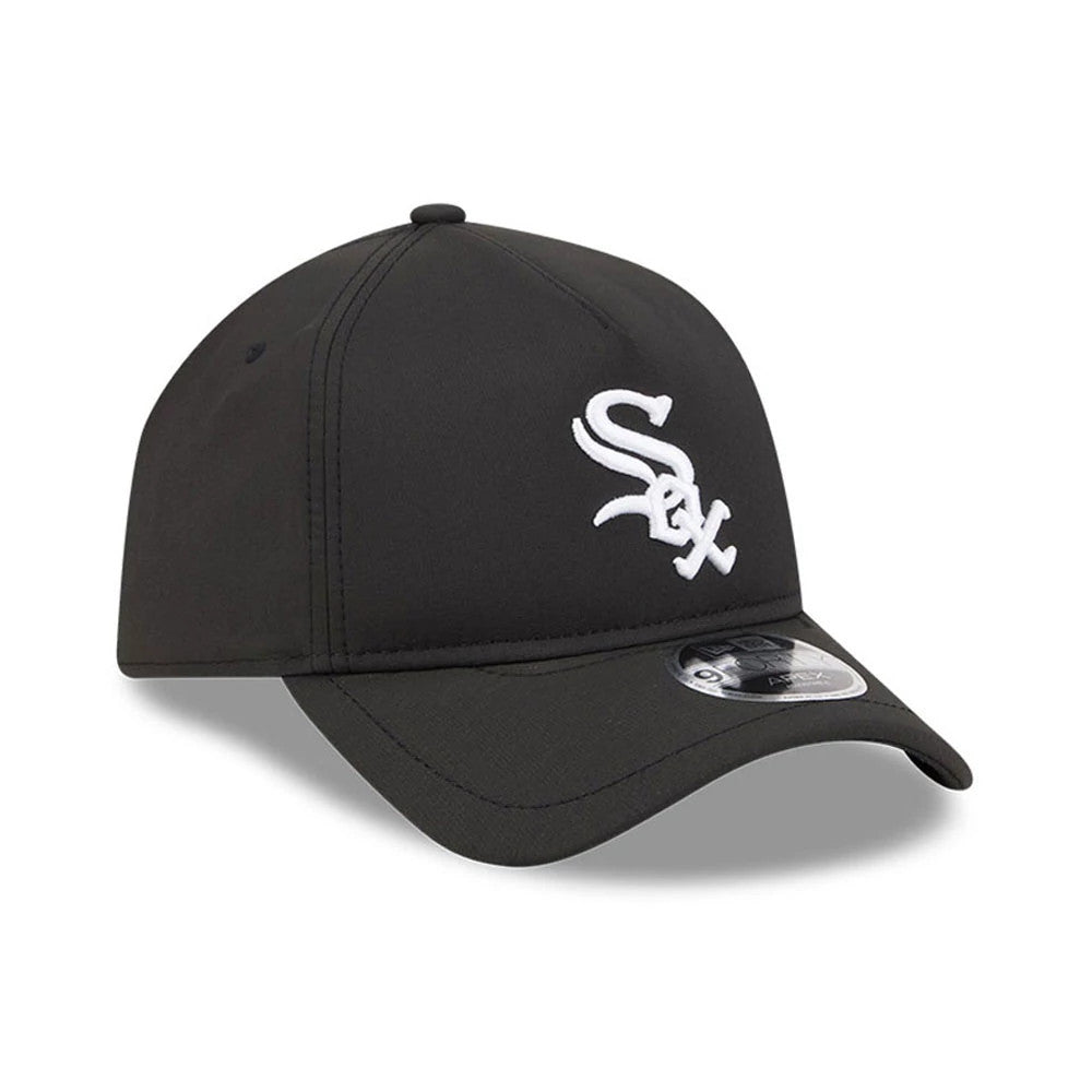 Chicago White Sox MLB Quickstrike Black New Era 9FORTY Apex Adjustable Cap, three-quarter view showing the white raised Sox logo on the front panel, a curved black visor, and a 9FORTY size sticker on the upper side of the visor.