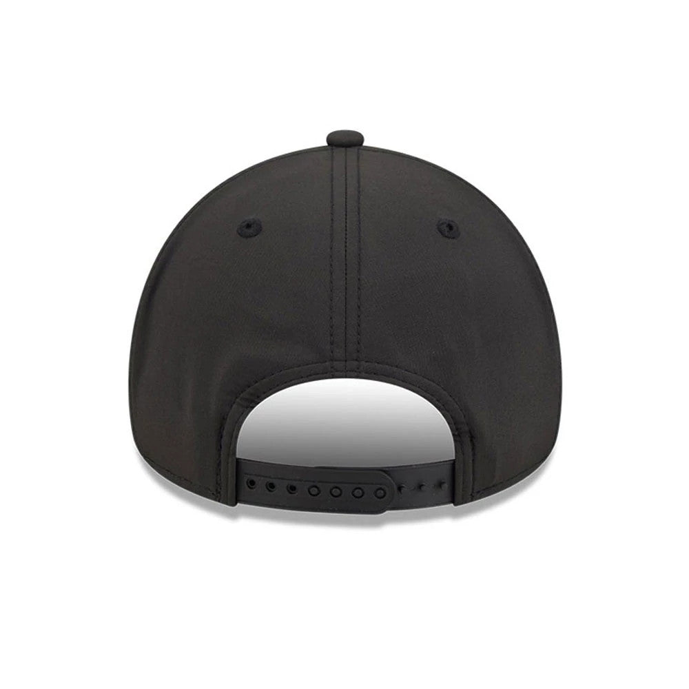 Chicago White Sox MLB Quickstrike Black New Era 9FORTY Apex Adjustable Cap, rear view showing the strapback closure with multiple adjustment holes, a structured black crown with matching eyelets, and a top button for a clean, understated look.