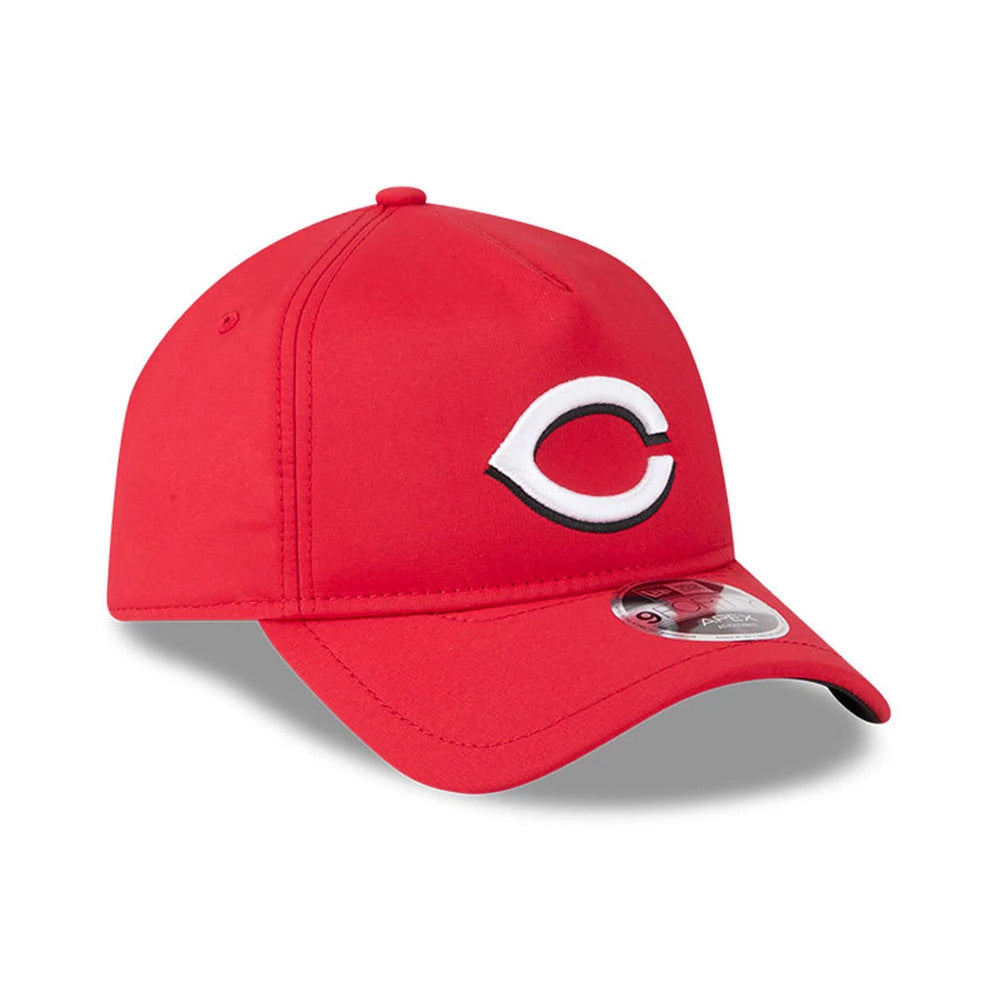 Cincinnati Reds MLB Quickstrike Red New Era 9FORTY Apex Adjustable Cap, three-quarter view showing the raised embroidered white and black outlined C logo on the front panel, red top button and eyelets, and 9FORTY size sticker on the red curved visor.
