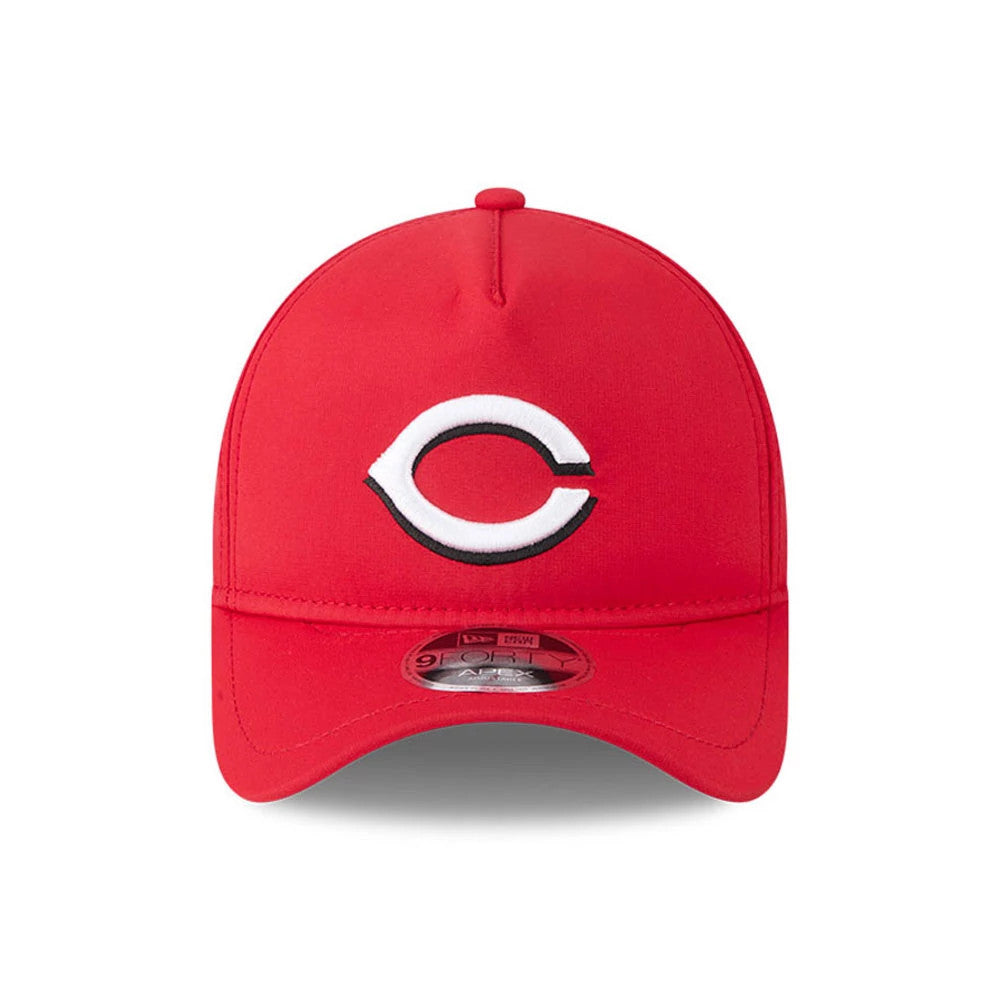 Cincinnati Reds MLB Quickstrike Red New Era 9FORTY Apex Adjustable Cap, front view showing the raised embroidered white and black Cincinnati Reds logo on the front panel, with a curved red visor and 9FORTY size sticker centrally placed.
