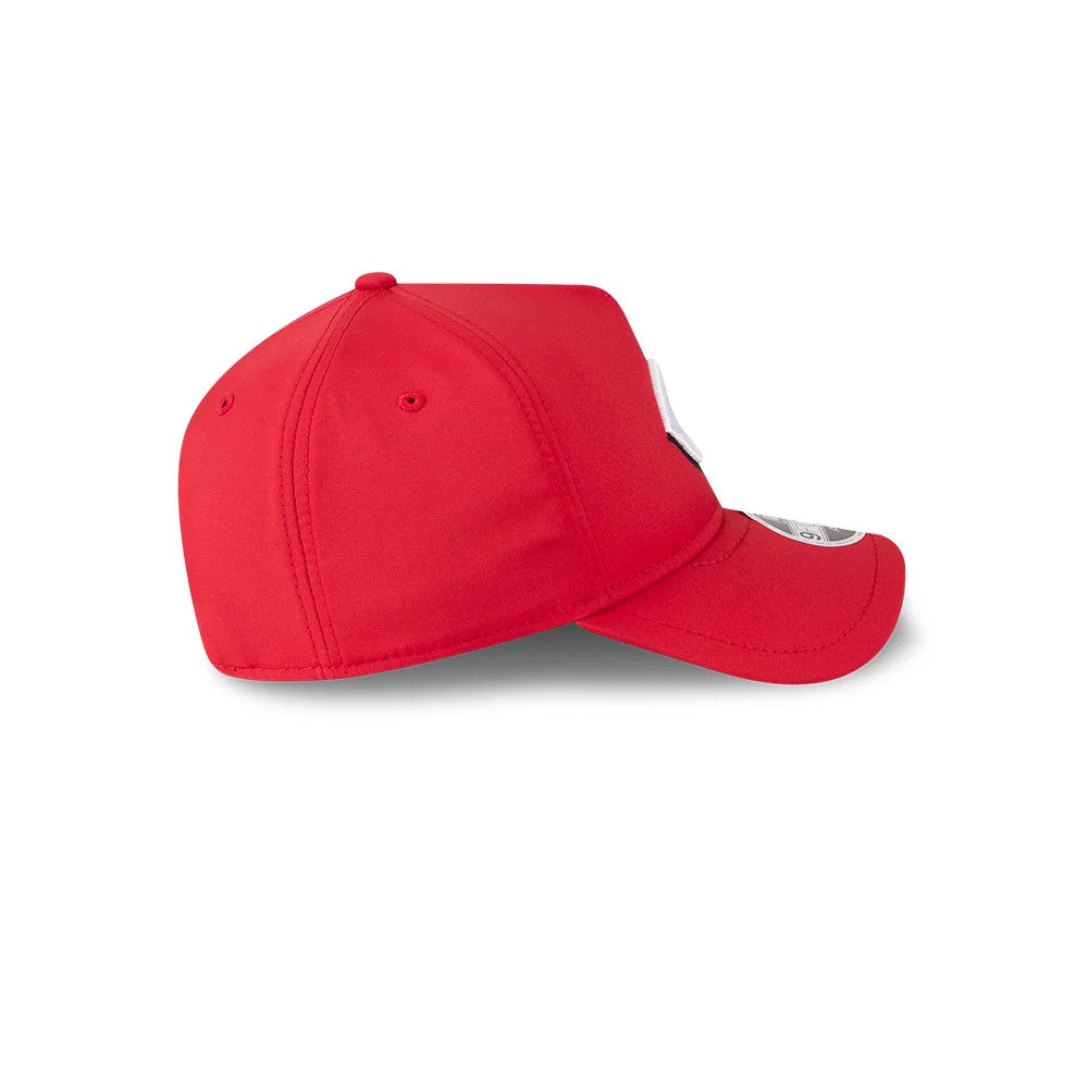 Cincinnati Reds MLB Quickstrike Red New Era 9FORTY Apex Adjustable Cap, side view showing the New Era flag logo in white on the left side, with a curved red visor, and a classic, structured red crown with matching red eyelets.