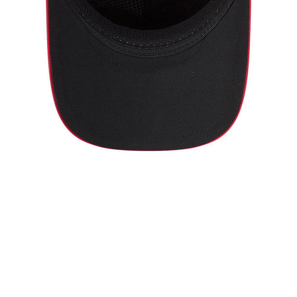 Cincinnati Reds MLB Quickstrike Red New Era 9FORTY Apex Adjustable Cap, inside view showing a black undervisor and black interior mesh lining, with a red edge around the structured visor visor.
