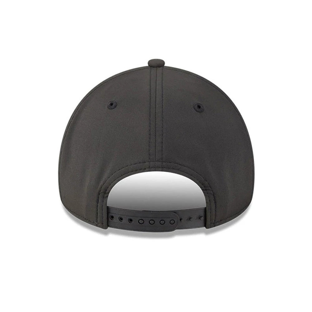 New York Yankees MLB Quickstrike Core Black New Era 9FORTY Apex Adjustable Cap, rear view showing the curved black visor, black snapback closure, and seamless black stitching along the structured crown.
