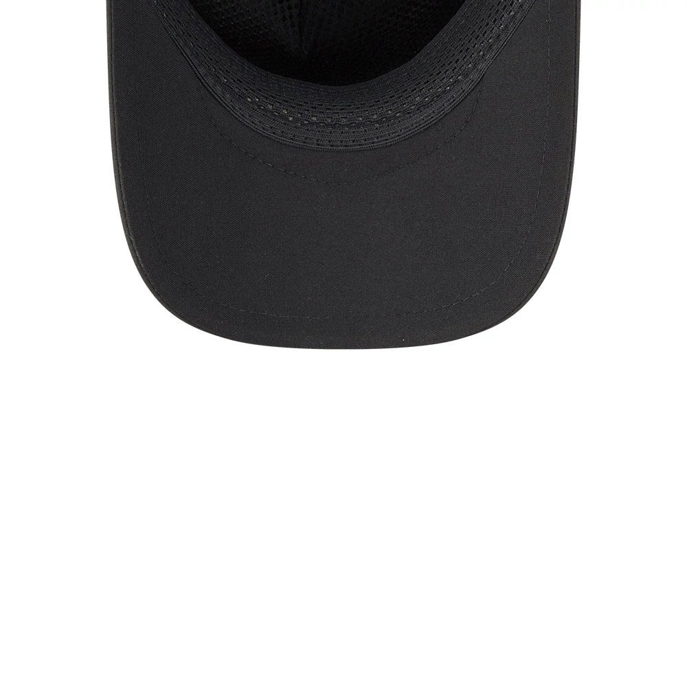 New York Yankees MLB Quickstrike Core Black New Era 9FORTY Apex Adjustable Cap, inside view showing a black sweatband and matching taping lining the interior, with a black undervisor completing the monochrome design.