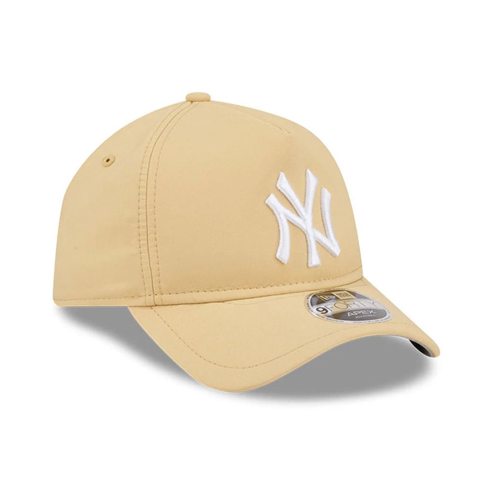 New York Yankees MLB Quickstrike Yellow New Era 9FORTY Apex Adjustable Cap, three-quarter view showing the raised white embroidered NY logo on the structured yellow crown, curved yellow visor and 9FORTY size sticker centred on the visor.