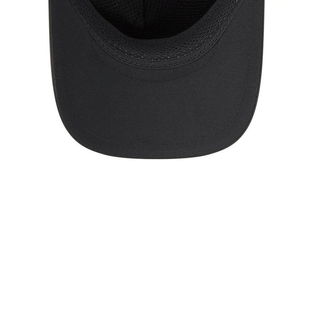 LA Dodgers MLB Quickstrike Core Black New Era 9FORTY Apex Adjustable Cap, inside view showing the black undervisor, black sweatband and black interior taping against the structured crown, highlighting the cap's seamless design elements.