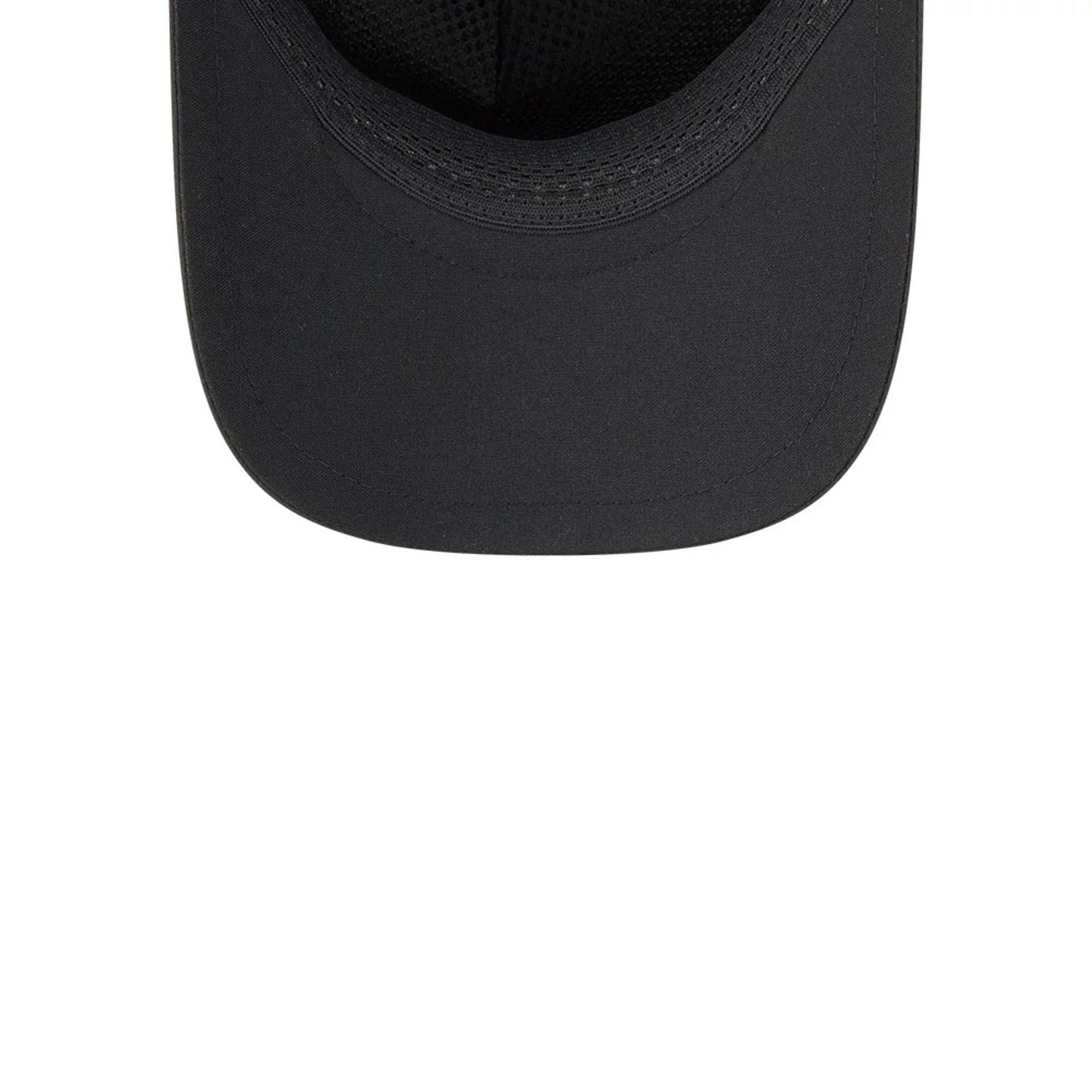 Miami Marlins MLB Quickstrike Black New Era 9FORTY Apex Adjustable Cap, inside view showing the black mesh sweatband, plain black undervisor, and structured black taping along the crown, designed for comfort and durability.