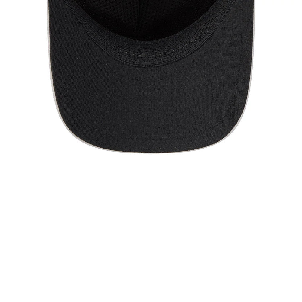 Milwaukee Brewers MLB Quickstrike Grey New Era 9FORTY Apex Adjustable Cap, inside view showing the black polyester sweatband lining the crown, a black mesh inner structure for support, and a black undervisor contrasting with the grey outer fabric.