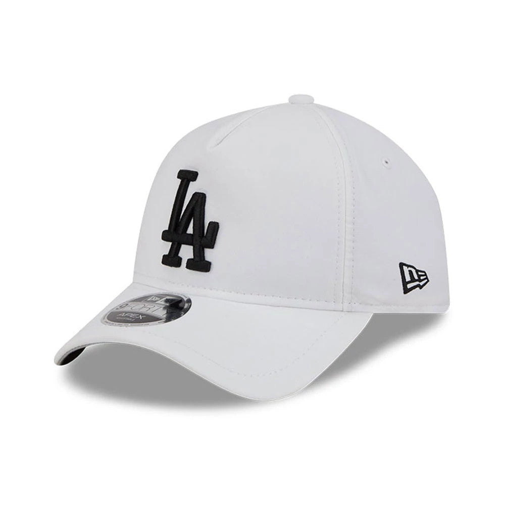 LA Dodgers MLB Quickstrike White New Era 9FORTY Apex Adjustable Cap, front view showing a black LA logo in raised embroidery on the structured white crown, with a curved white visor and 9FORTY size sticker.