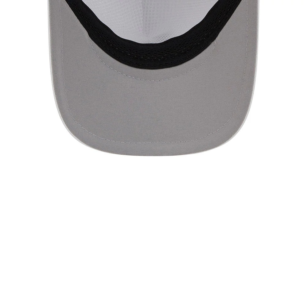 LA Dodgers MLB Quickstrike White New Era 9FORTY Apex Adjustable Cap, inside view showing a grey undervisor with black trim, a white sweatband, and white interior taping, highlighting the clean construction and classic design.