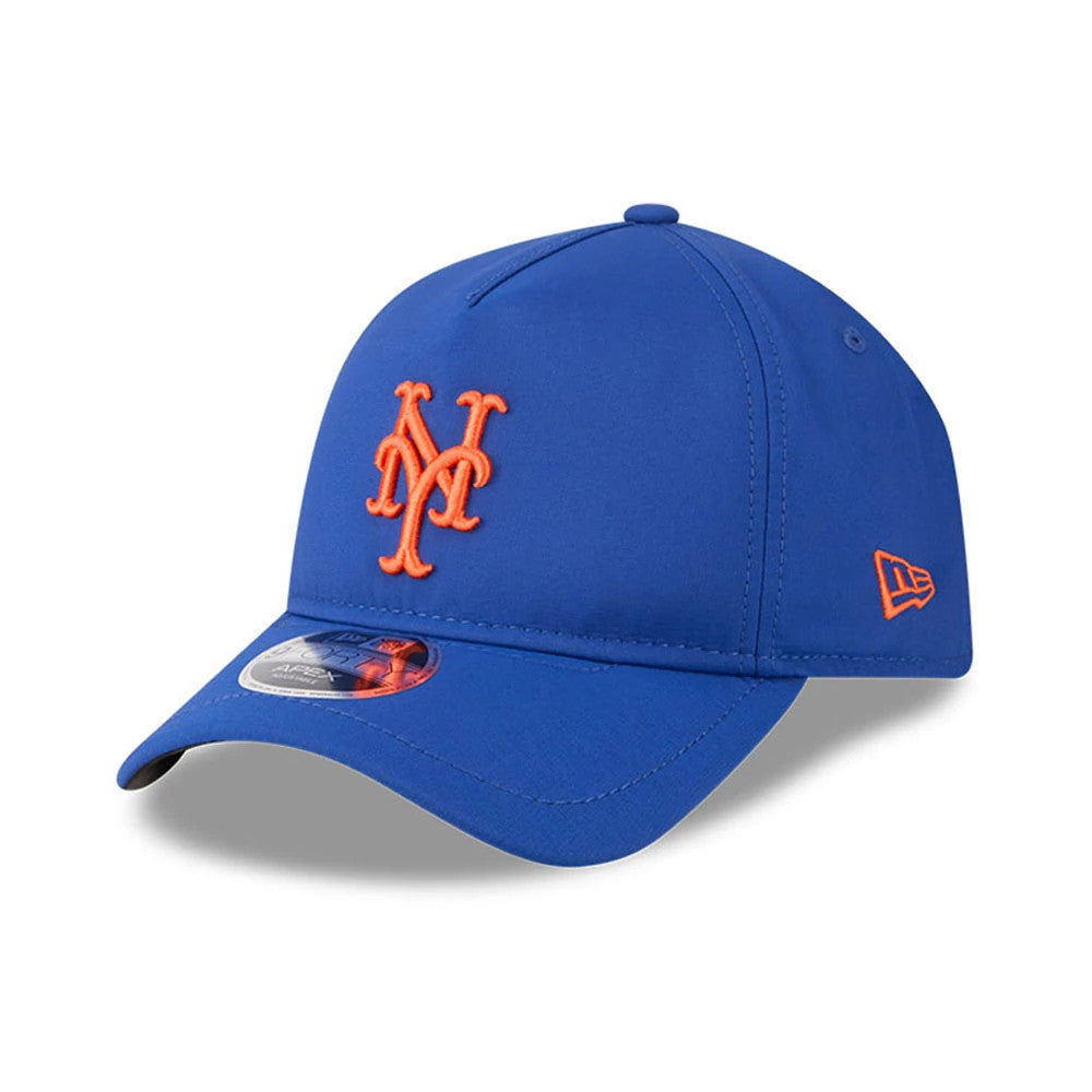 New York Mets MLB Quickstrike Blue New Era 9FORTY Apex Adjustable Cap, front view showing the raised orange Mets logo on the structured blue crown, a 9FORTY size sticker on the blue curved visor, and an orange New Era flag on the left side.