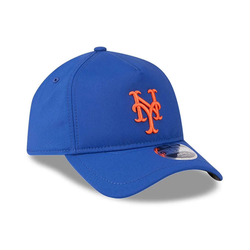 New York Mets MLB Quickstrike Blue New Era 9FORTY Apex Adjustable Cap, three-quarter view showing the raised orange NY logo embroidered on the front panel, a curved blue visor, and a 9FORTY size sticker on the right side of the visor.
