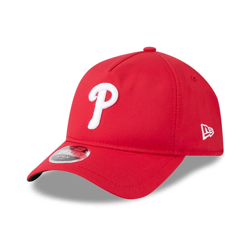Philadelphia Phillies MLB Quickstrike Red New Era 9FORTY Apex Adjustable Cap, three-quarter view showing the raised white embroidered P logo on the front panel, a curved red visor with 9FORTY size sticker.
