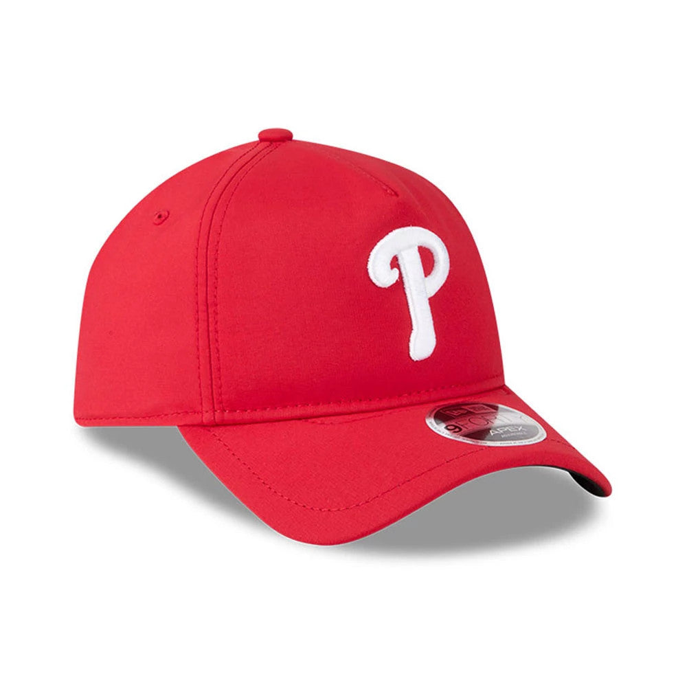 Philadelphia Phillies MLB Quickstrike Red New Era 9FORTY Apex Adjustable Cap, three-quarter view showing the raised white P logo in embroidery on the red front panel, curved red visor with a 9FORTY size sticker, and red top button.