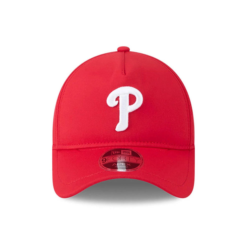 Philadelphia Phillies MLB Quickstrike Red New Era 9FORTY Apex Adjustable Cap, front view showing a white embroidered P logo on the centre of the structured red crown, with a 9FORTY size sticker on the curved red visor.