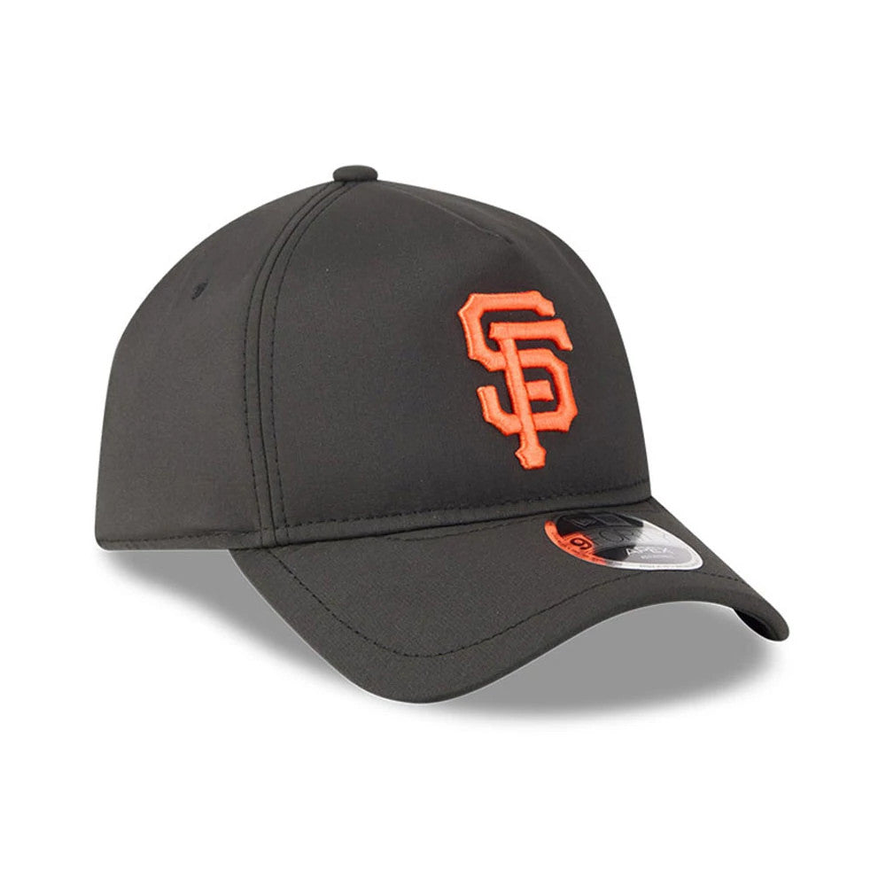 San Francisco Giants MLB Quickstrike Black New Era 9FORTY Apex Adjustable Cap, three-quarter view showing the raised orange embroidered SF logo on the front panel, black curved visor, and 9FORTY size sticker on top of the visor.