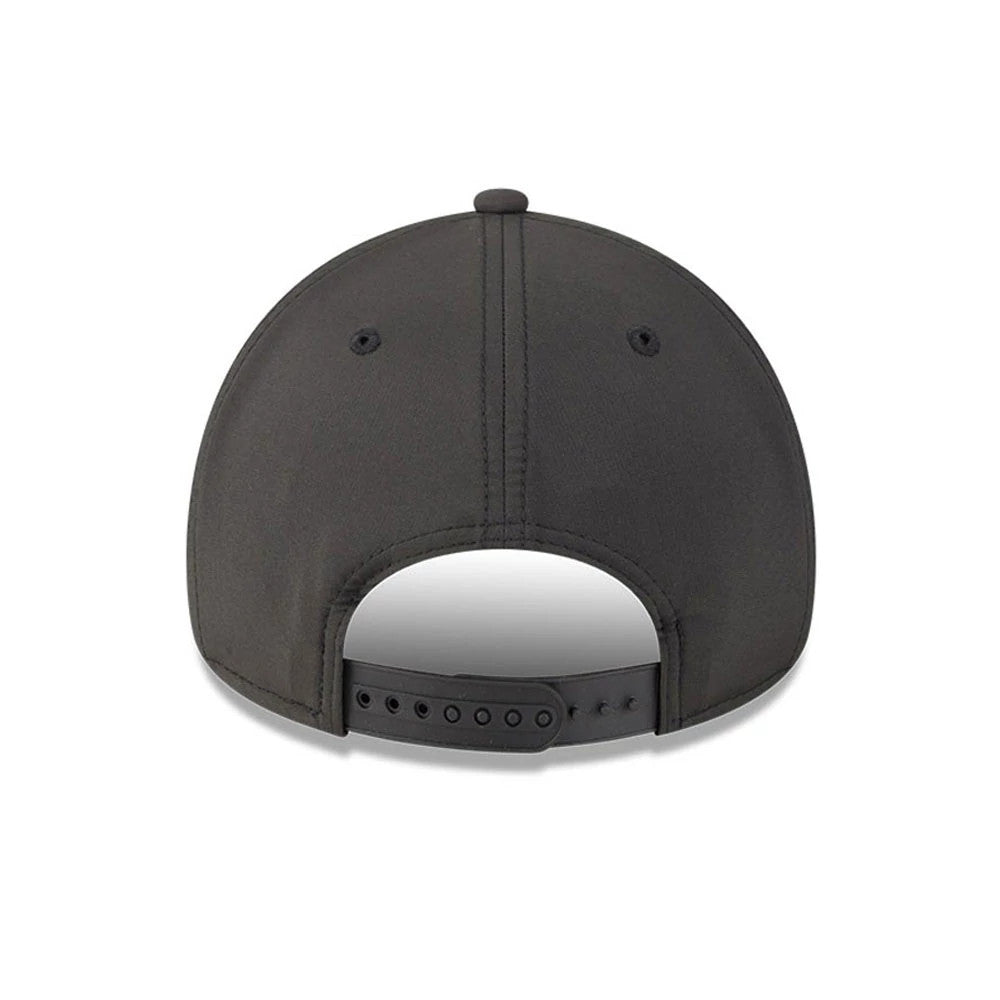 San Francisco Giants MLB Quickstrike Black New Era 9FORTY Apex Adjustable Cap, rear view showing the structured black crown with stitching and two eyelets on each back panel above the adjustable strap closure.