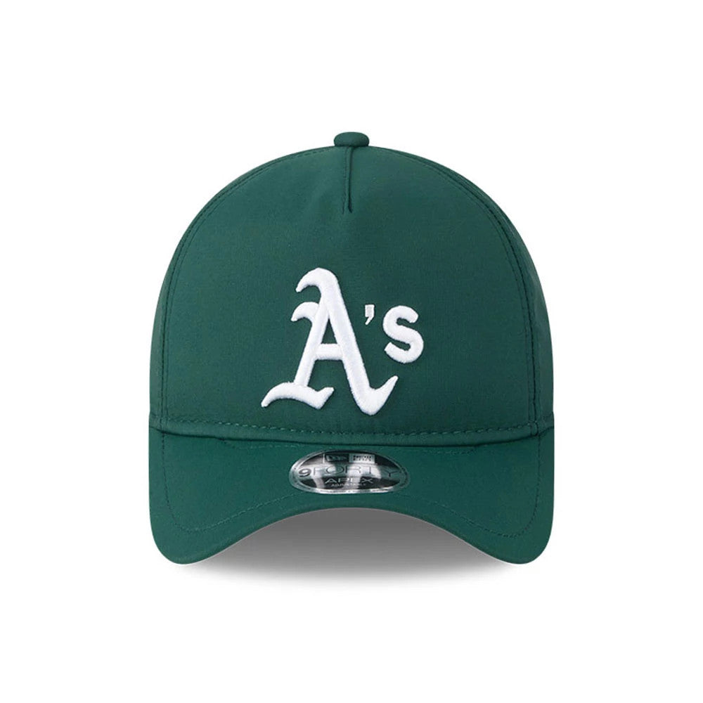 Athletics MLB Quickstrike Dark Green New Era 9FORTY Apex Adjustable Cap, front view showing the white raised embroidery A's logo on the structured dark green crown with a curved visor and the 9FORTY size sticker on the centre of the visor.