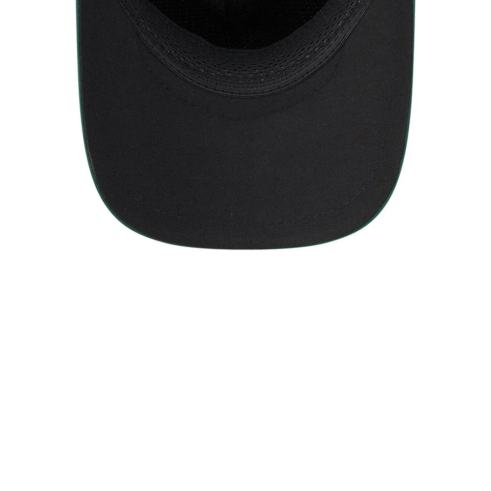 Athletics MLB Quickstrike Dark Green New Era 9FORTY Apex Adjustable Cap, inside view showing the black sweatband lining the interior, black thick stitching on the visor's edge, and dark green undervisor.