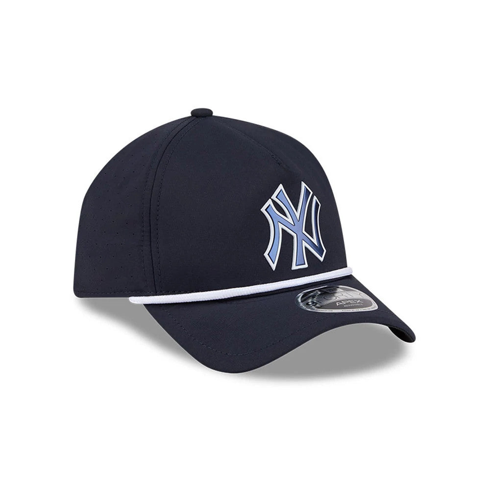New York Yankees MLB Quickstrike Navy New Era 9FORTY Apex Adjustable Cap, three-quarter view showing the raised navy and white embroidered NY logo on the front panel, a contrasting white trim above the curved navy visor, and the 9FORTY size sticker.