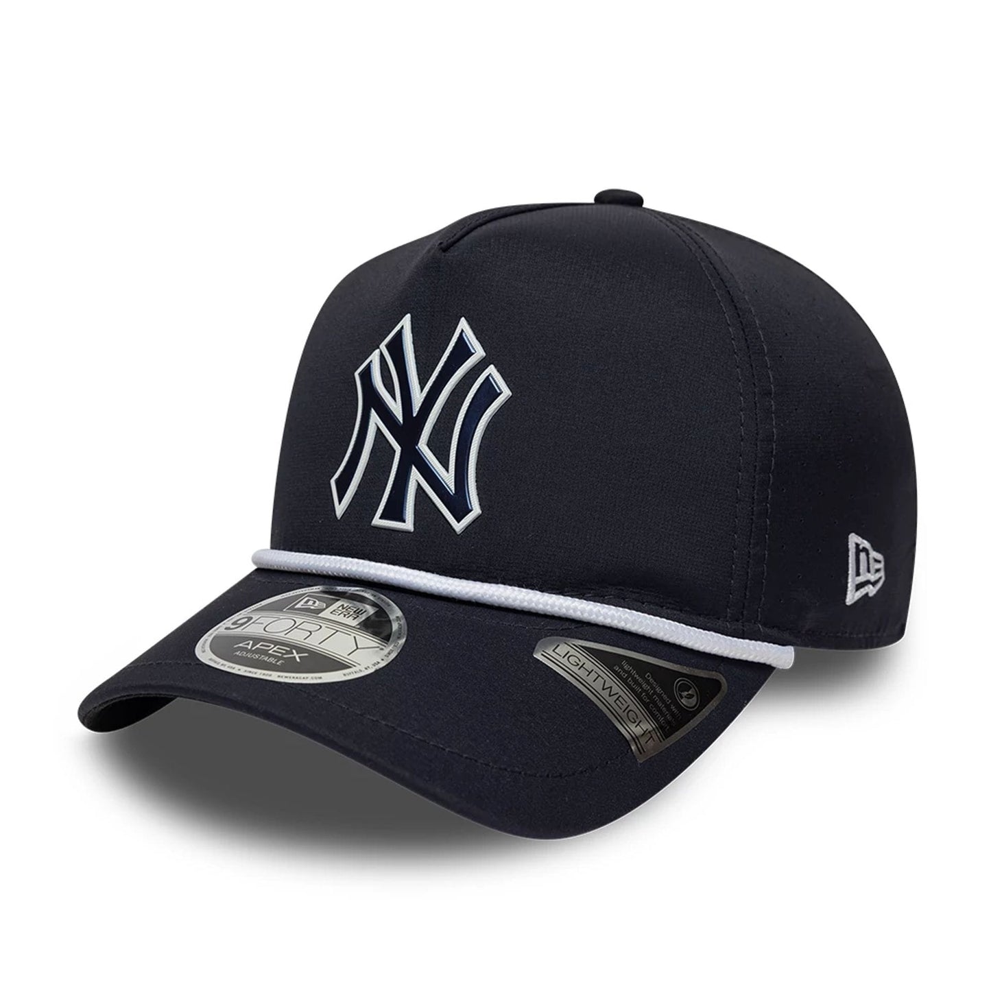 New York Yankees MLB Quickstrike Navy New Era 9FORTY Apex Adjustable Cap, front view showing a raised white and navy embroidered NY logo on structured panels, a curved visor with a 9FORTY size sticker, and a white rope detail above the visor.