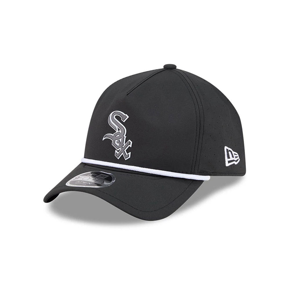 Chicago White Sox MLB Quickstrike Black New Era 9FORTY Apex Adjustable Cap, three-quarter view showing the raised white embroidered Sox logo on the front panel, a black curved visor with a white trim, and a 9FORTY size sticker on the top.