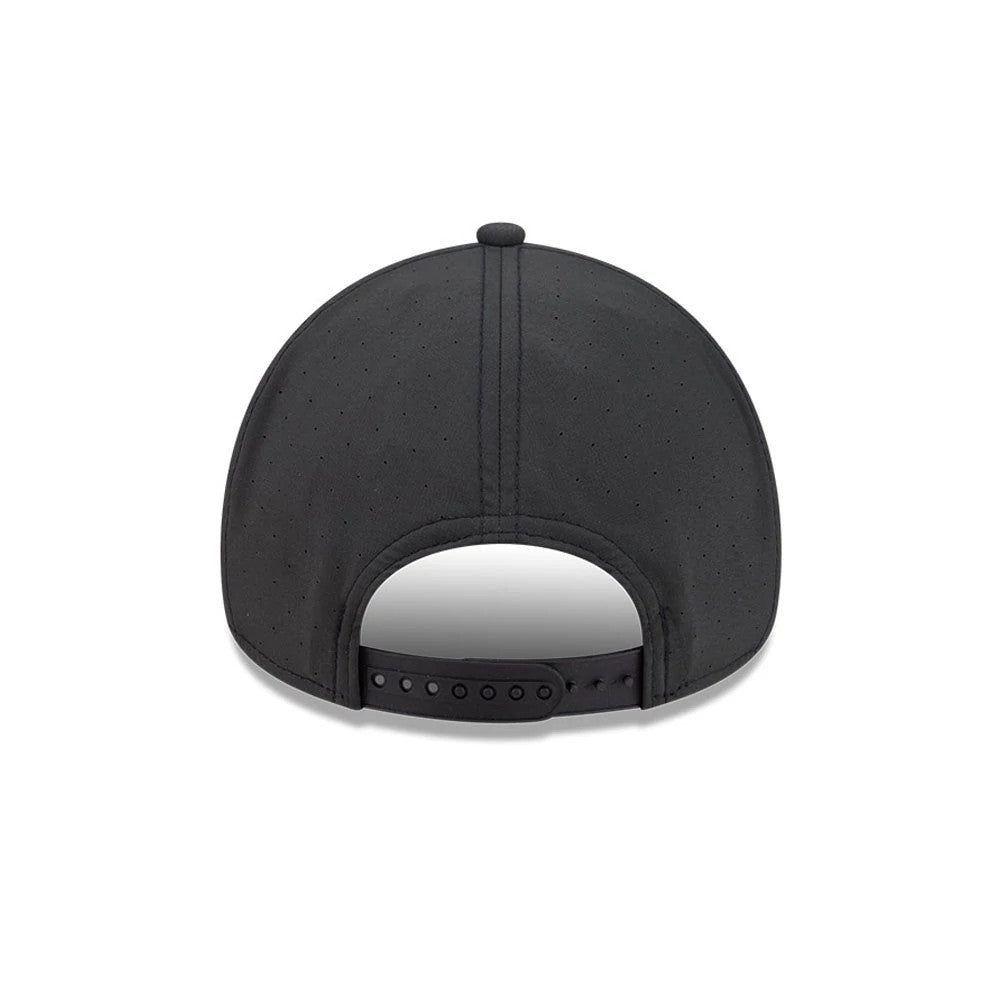 Chicago White Sox MLB Quickstrike Black New Era 9FORTY Apex Adjustable Cap, rear view showing a black adjustable snap closure, small ventilation holes across the structured black panels, and a top button centred above the back opening.