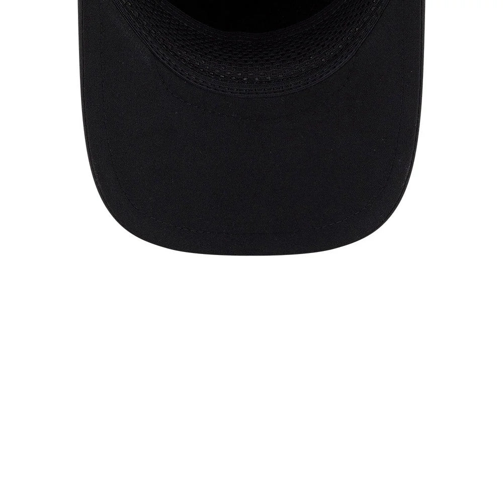 Chicago White Sox MLB Quickstrike Black New Era 9FORTY Apex Adjustable Cap, inside view showing the black curved visor with detailed stitching, revealing the interior mesh sweatband and fabric of the crown.