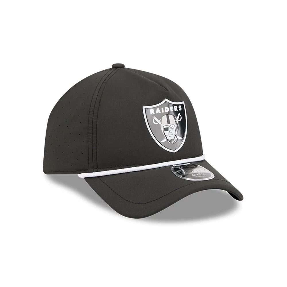 Las Vegas Raiders NFL Quickstrike Black New Era 9FORTY Apex Adjustable Cap, three-quarter view showing a raised embroidered Raiders logo on the front panel, a black curved visor with a 9FORTY size sticker, and a white accent band above the visor.