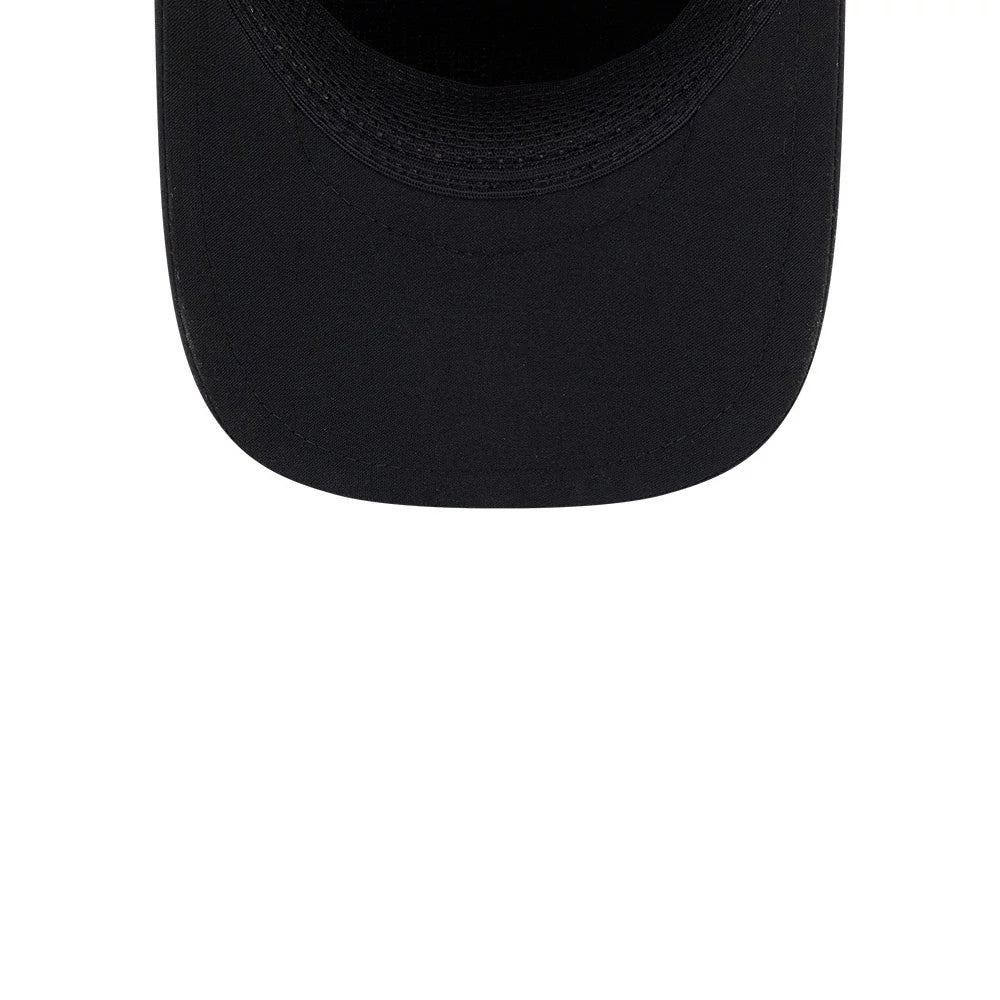 Kings NHL Quickstrike Black New Era 9FORTY Apex Adjustable Cap, inside view showing the black sweatband encircling the base of the crown, black taping over the seams, and a black undervisor with a curved edge.