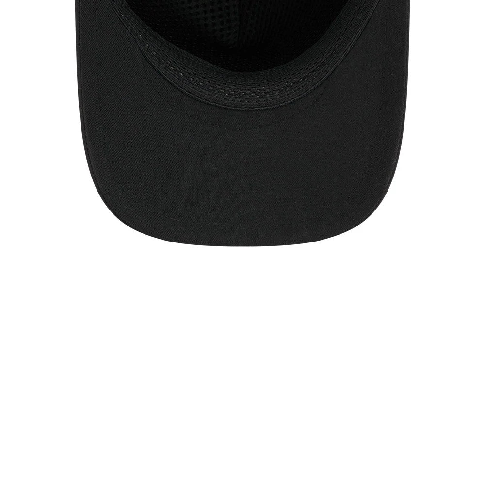 Bulls NBA Quickstrike Black New Era 9FORTY Apex Adjustable Cap, inside view showing the black underside of the curved visor, black mesh lining along the interior crown, and an unseen sweatband likely matching the black colour scheme.