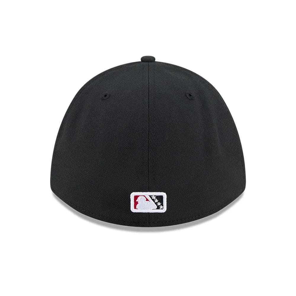 Pictured is this MiLB On Field Player Replica Lake Elsinore Storm 39THIRTY M-Crown Stretch Fit cap in Black. 7