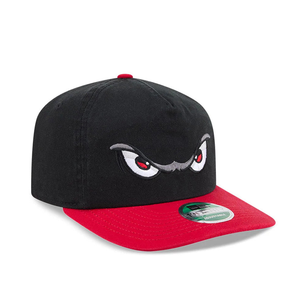 Lake Elsinore Storm MiLB On Field Player Replica Black New Era 19TWENTY Cap, three-quarter view showing a grey and red embroidered eyes logo on the black crown, with a bright red visor and a green New Era 19TWENTY size sticker on the top.