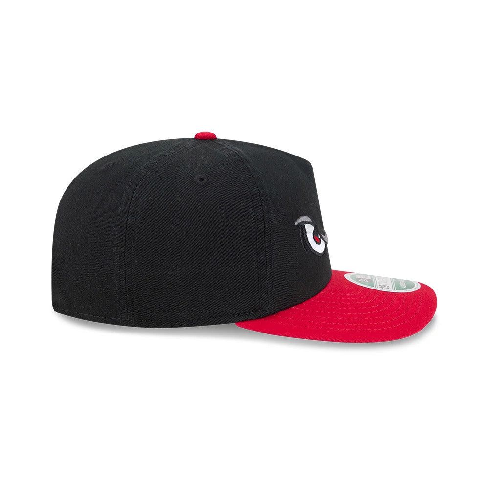 Lake Elsinore Storm MiLB On Field Player Replica Black New Era 19TWENTY Cap, side view showing the storm eye logo embroidered on the side of the black crown, with a red visor and a 19TWENTY size sticker on top.