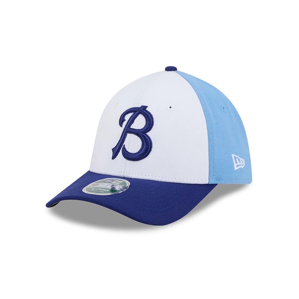 Pictured is this MiLB On Field Player Replica Buffalo Bisons 39THIRTY M-Crown Stretch Fit cap in blue. 1
