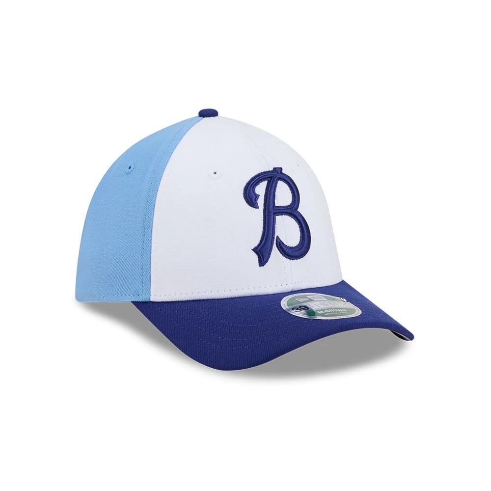 Pictured is this MiLB On Field Player Replica Buffalo Bisons 39THIRTY M-Crown Stretch Fit cap in blue. 4