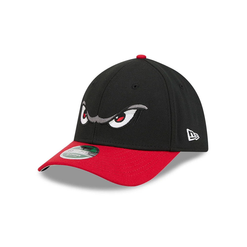 Pictured is this MiLB On Field Player Replica Lake Elsinore Storm 39THIRTY M-Crown Stretch Fit cap in Black. 1