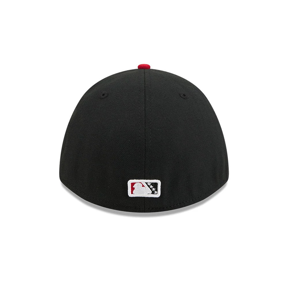 Pictured is this MiLB On Field Player Replica Lake Elsinore Storm 39THIRTY M-Crown Stretch Fit cap in Black. 7