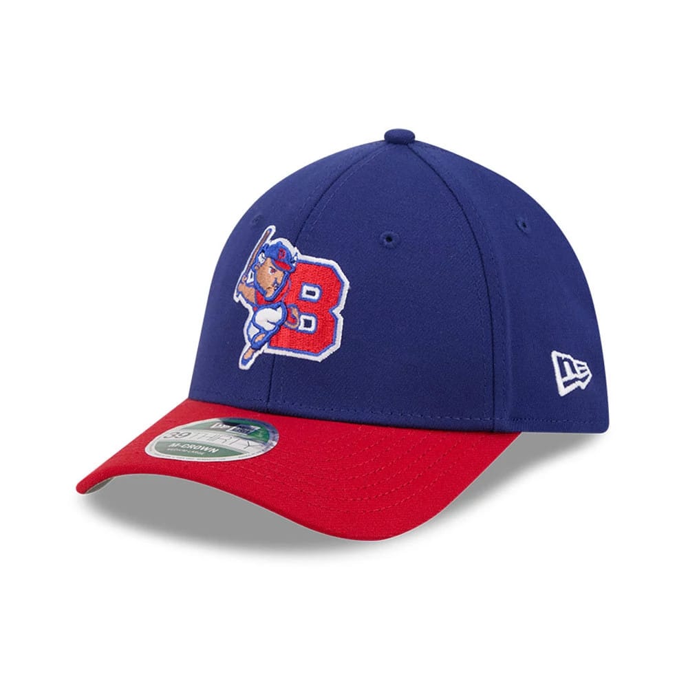 Buffalo Bisons MiLB On Field Dark Blue New Era 39THIRTY M-Crown Stretch Fit Cap, three-quarter view showing a front panel with a colourful embroidered Bisons logo, a contrasting red curved visor, and a 39THIRTY size sticker on the top.
