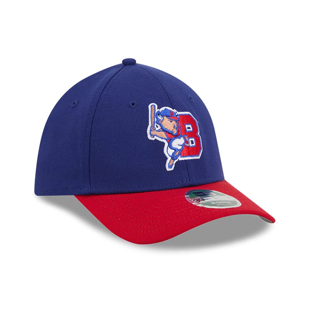 Buffalo Bisons MiLB On Field Dark Blue New Era 39THIRTY M-Crown Stretch Fit Cap, three-quarter view showing the embroidered red and white Bisons logo with a baseball bat on the structured dark blue crown, red curved visor and 39THIRTY size sticker.