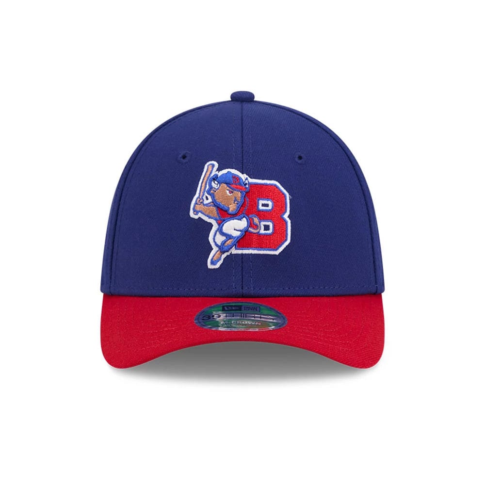 Buffalo Bisons MiLB On Field Dark Blue New Era 39THIRTY M-Crown Stretch Fit Cap, front view showing an embroidered Bisons logo with a character swinging a bat on the dark blue crown, a red visor, and a 39THIRTY size sticker under the visor.