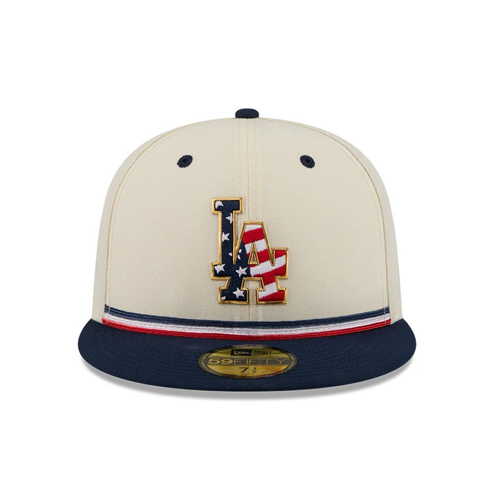 Pictured is this MLB 4th Of July 2026 LA Dodgers 59FIFTY Fitted cap in cream. 2