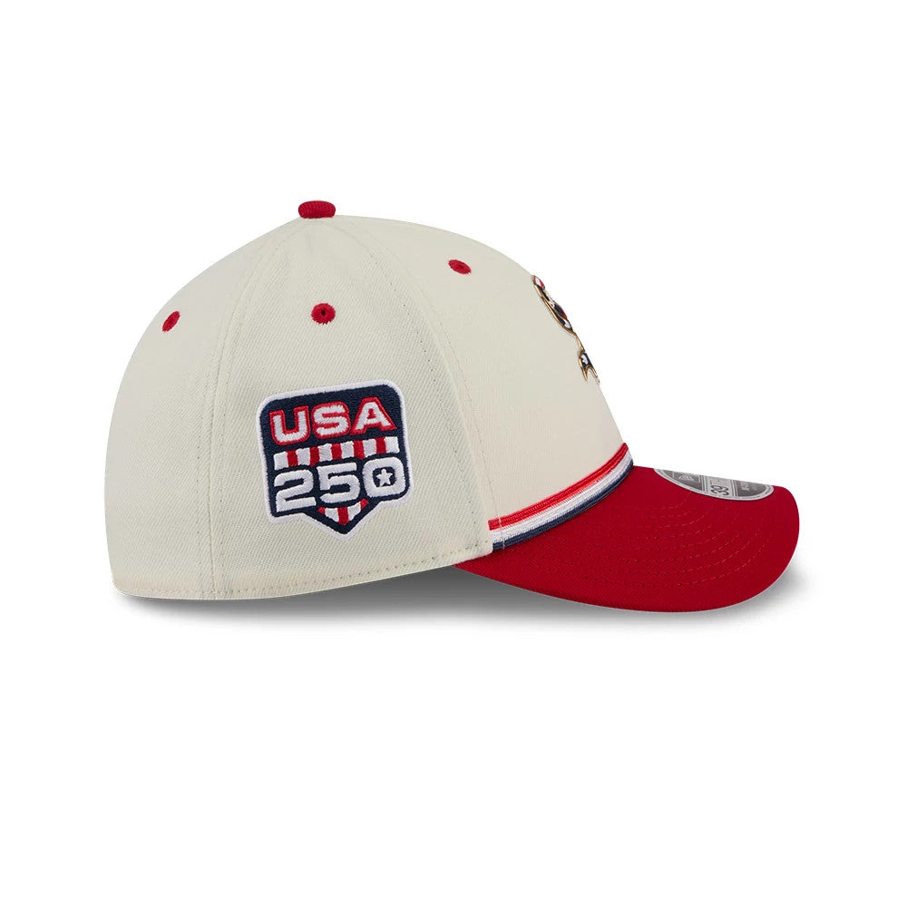 White Sox MLB 4th Of July 2026 Cream New Era 39THIRTY M-Crown Stretch Fit Cap, side view showing the embroidered USA 250 logo on the cream crown, with red eyelets and top button, and a contrasting curved red visor with a 39THIRTY size sticker.