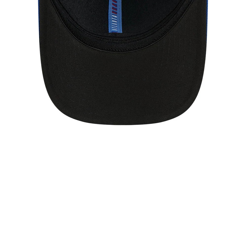 Atlanta Braves MLB City Connect Blue New Era 39THIRTY M-Crown Stretch Fit Cap, inside view showing the black sweatband around the base, blue and red taping along the crown seam, and plain black undervisor.