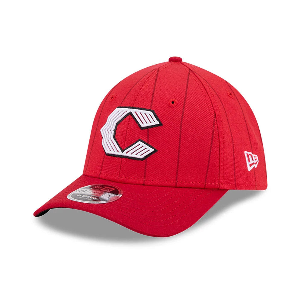 Cincinnati Reds MLB City Connect Red New Era 39THIRTY M-Crown Stretch Fit Cap, three-quarter view showing a large white and black embroidered C logo on the front panel, with a curved red visor and 39THIRTY size sticker.