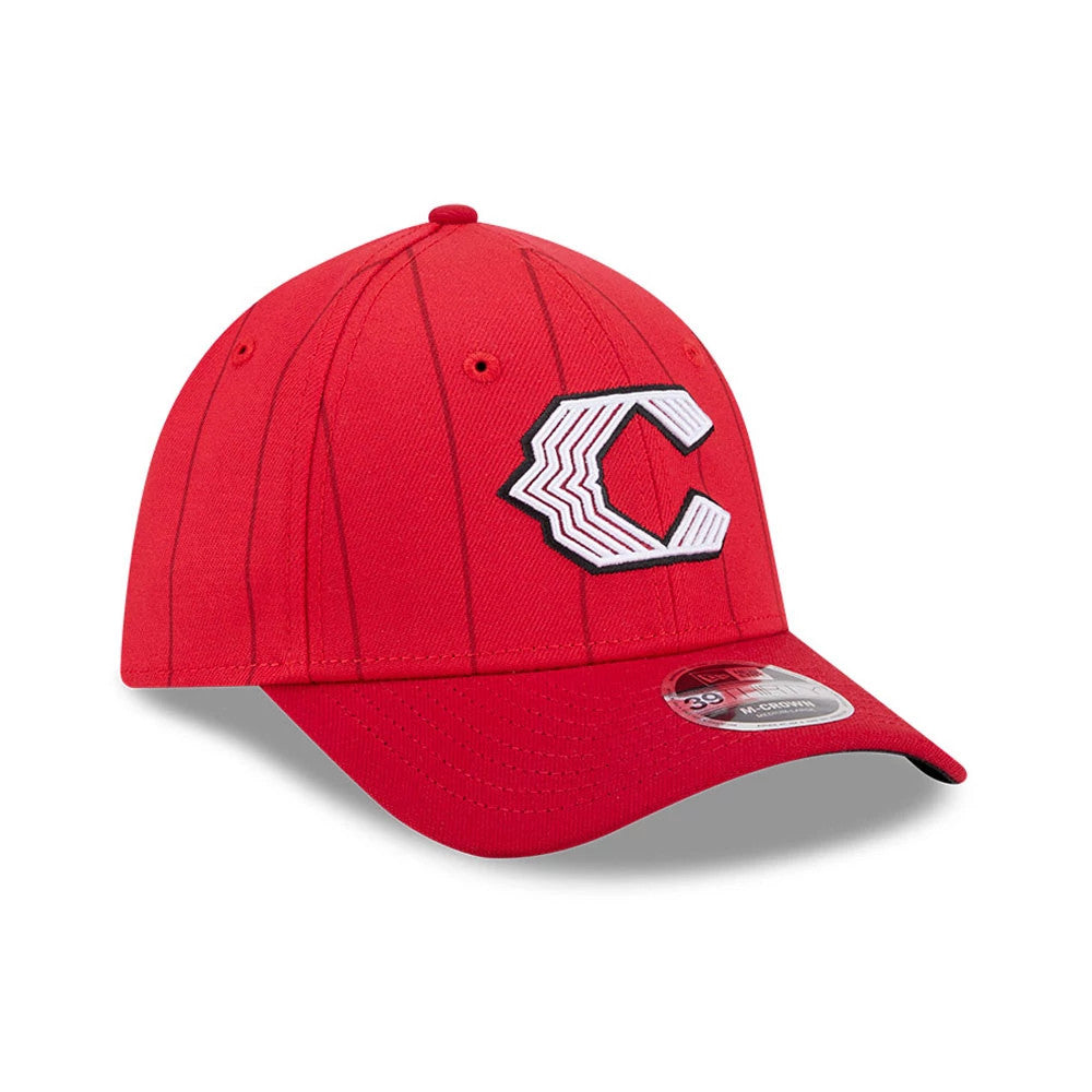 Cincinnati Reds MLB City Connect Red New Era 39THIRTY M-Crown Stretch Fit Cap, front view showing the raised white and black embroidered C logo on the structured red crown, with pinstripe and a 39THIRTY size sticker on the curved red visor.