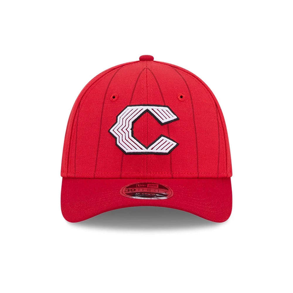 Cincinnati Reds MLB City Connect Red New Era 39THIRTY M-Crown Stretch Fit Cap, front view showing a white and black embroidered C logo on the structured red crown, complemented by a red curved visor with a 39THIRTY size sticker.